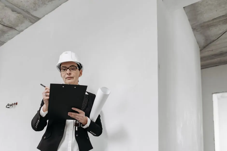 A female engineer in a hard hat reviews building plans with focus.