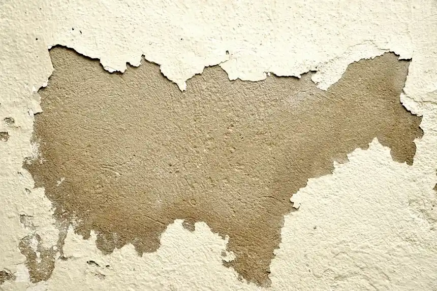 Close-up of a wall with peeling paint revealing the rough texture underneath.
