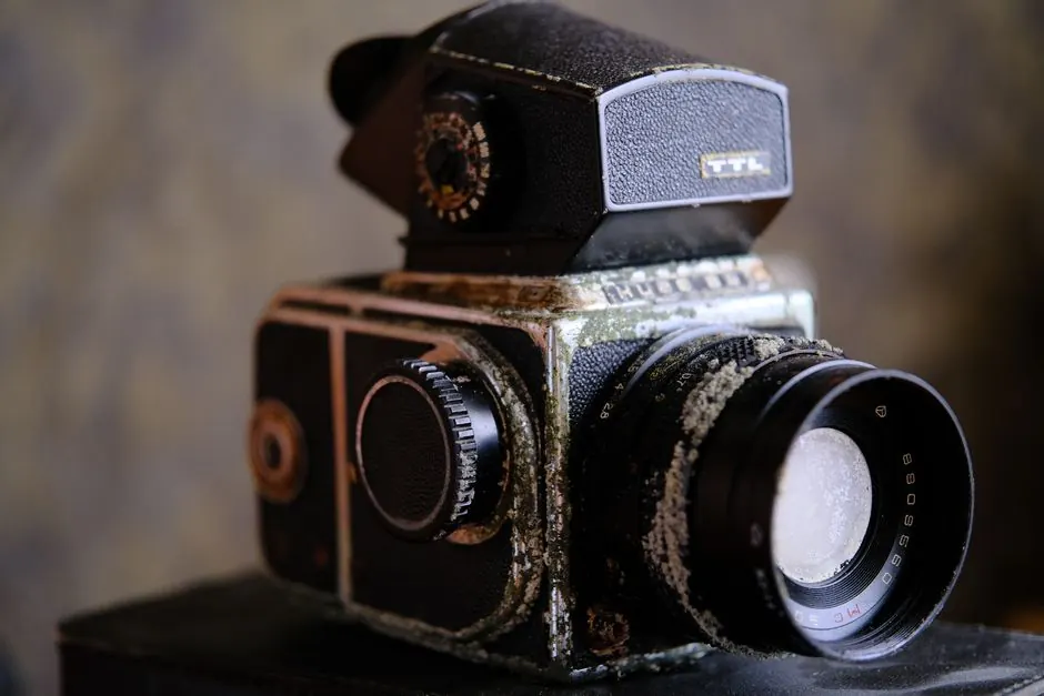 Close-up of an aged film camera showing mold and rust details, capturing a nostalgic vibe.